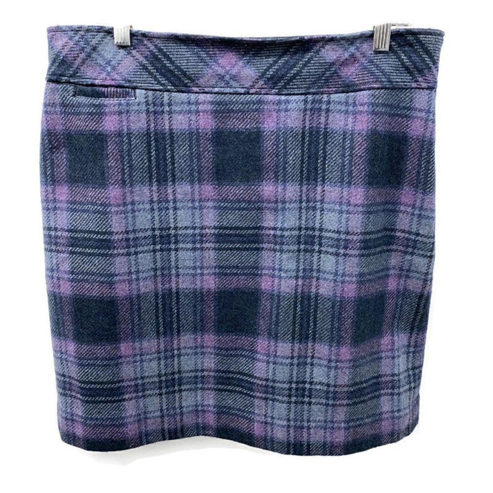 LL Bean Purple &Gray Plaid Wool Pencil Skirt